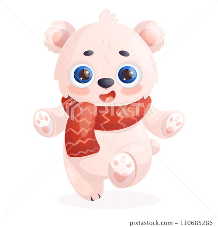Little happy cartoon polar bear in scarf. Cute animal character. Vector illustration in cartoon style. Kids collection 110685286