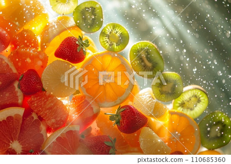 Pieces of sliced fruits containing vitamin C - kiwi, strawberries, orange in water splashes, vitamin C concept 110685360