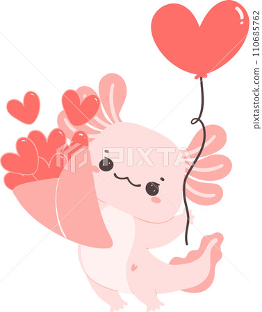 Cute Axolotl Valentine with heart cartoon hand drawing 110685762