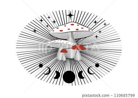 Magic mushrooms on mystical radiant galaxy in boho style, celestial Amanita Muscaria, Moon Phase, witchcraft symbol, witchy esoteric colorful logo tattoo, floral elements fungus, vector wiccan clipart Magic mushrooms on mystical radiant galaxy in boho style, celestial Amanita Muscaria, Moon Phase, witchcraft symbol, witchy esoteric colorful logo tattoo, floral elements fungus, vector wiccan clipart 110685799