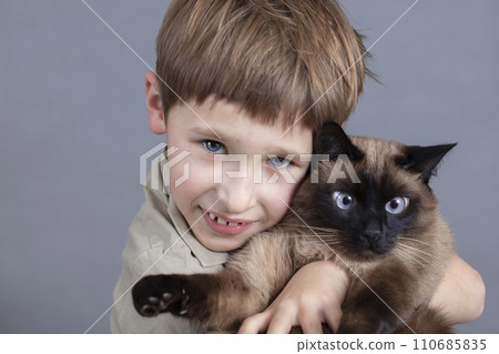 Portrait of a child with a cat. A boy with a Siamese cat. Portrait of a child with a cat. A boy with a Siamese cat. 110685835