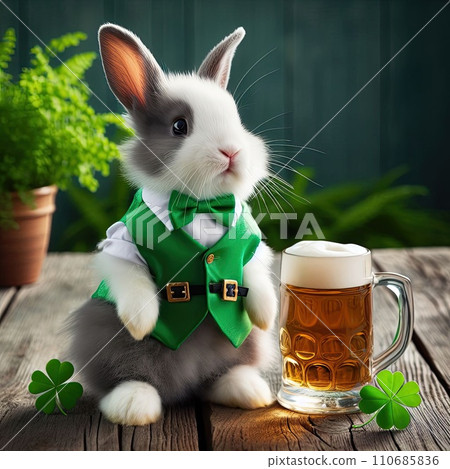 St.Patrick 's Day. celebrate Patrick's Day. St. Patrick's Day party. Green men's hat or top hat. Green hat with clover. Saint Patrick is having fun. Ireland is traditional. Rabbit in a hat 110685836