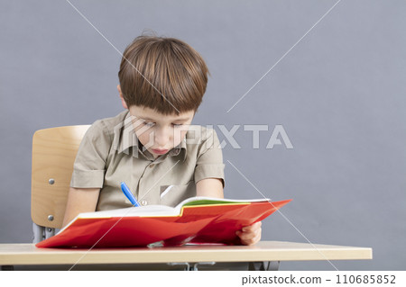 The child at the table is doing homework. Primary school student with a textbook. The child at the table is doing homework. Primary school student with a textbook. 110685852
