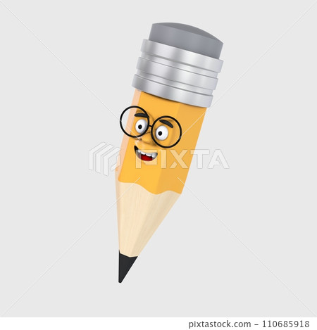 Cartoon realistic funny little yellow with a pleasant smile and wearing 3d pencil glasses who looks away on a white background. With the first of September. Knowledge Day. Back to School. Left view Cartoon realistic funny little yellow with a pleasant smile and wearing 3d pencil glasses who looks away on a white background. With the first of September. Knowledge Day. Back to School. Left view 110685918