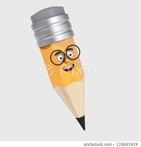 Cartoon realistic funny little yellow with a pleasant smile and wearing 3d pencil glasses who looks away on a white background. With the first of September. Knowledge Day. Back to School. Front view Cartoon realistic funny little yellow with a pleasant smile and wearing 3d pencil glasses who looks away on a white background. With the first of September. Knowledge Day. Back to School. Front view 110685919