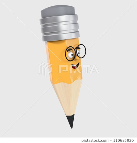 Cartoon realistic funny little yellow with a pleasant smile and wearing 3d pencil glasses who looks away on a white background. With the first of September. Knowledge Day. Back to School. Right view Cartoon realistic funny little yellow with a pleasant smile and wearing 3d pencil glasses who looks away on a white background. With the first of September. Knowledge Day. Back to School. Right view 110685920