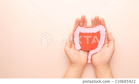 Hand holding large intestine organ made form paper on beige background. Concept of healthy bowel digestion, colon cancer screening, intestinal disease treatment or colorectal cancer awareness. 110685922