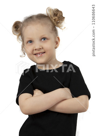 Little blonde girl with a smile on a white background. Little blonde girl with a smile on a white background. 110686643