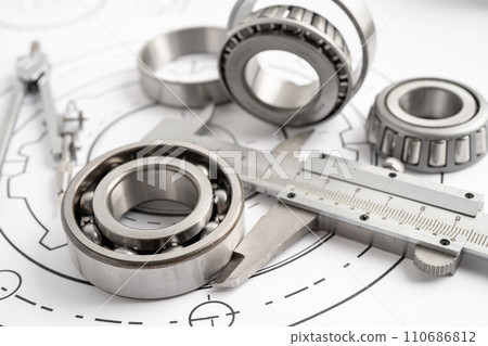 Engineering tools and mechanical industrial with vernier caliper and metal ball bering. 110686812