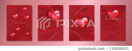 Happy Valentines day set card. Red glass hearts on fabric effect paper background. Holiday poster with gold rose text, jewels. Concept for Valentines banner, flyer, party invitation, jewelry gift shop 110686881