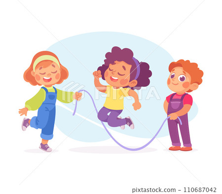 Happy Boy and Girl Playing Game Skipping Rope Having Fun Vector Illustration 110687042
