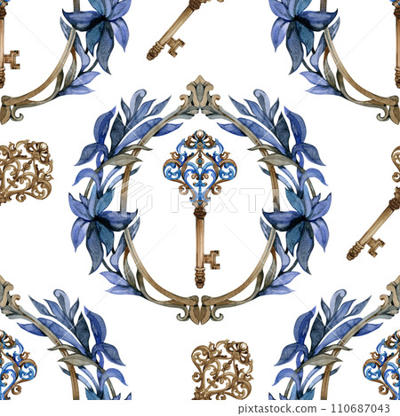 Retro keys seamless pattern. Antiques key cover for your design. Hand painted illustration Retro keys seamless pattern. Antiques key cover for your design. Hand painted illustration 110687043