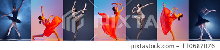 Collage. Beautiful young women in elegant stage costumes performing, ballet dancer in motion on stage over multicolored background 110687076