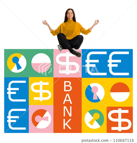 Contemporary art collage. Planning. Financial stability. Young lady, sitting on financial cushion, banking system icons. 110687118