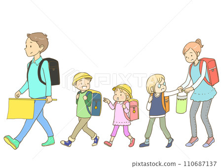 5 people walking as a school group 5 people walking as a school group 110687137