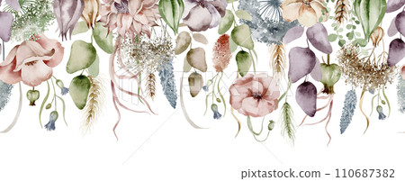 Delicate and airy watercolor seamless border depicting a field of meadow flowers floating on a white background. Ideal for adding whimsical charm to your surfaces, fabrics, wrapping paper and cards. 110687382