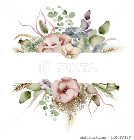 A vibrant watercolor frame of soft pink and purple flowers, delicate greenery and subtle brush strokes. This versatile frame is perfect for invitations, weddings, greeting cards, branding and more. 110687387