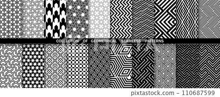 Geometric set of seamless black and white patterns. Simple vector graphics Geometric set of seamless black and white patterns. Simple vector graphics 110687599