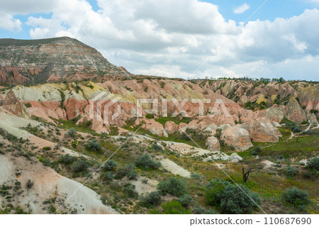 Martian landscape in Cappadocia, unique relief of mountains painted in yellow and pink colors 110687690