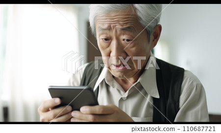 一位焦慮的老人看著他的智慧型手機 110687721