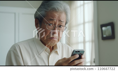 一位焦慮的老人看著他的智慧型手機 110687722