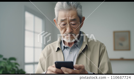 一位焦慮的老人看著他的智慧型手機 110687724