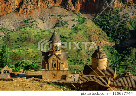 Aerial view of Noravank Monastery, an orthodox church with beautiful architecture. Areni, Vayots Dzor Province, Armenia. Aerial view of Noravank Monastery, an orthodox church with beautiful architecture. Areni, Vayots Dzor Province, Armenia. 110687744
