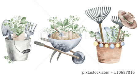 This watercolor illustration captures the tranquility of gardening. Green leaves in a wheelbarrow, bucket and basket. Set of vintage garden tools. An idea for gardeners and interior designers. This watercolor illustration captures the tranquility of gardening. Green leaves in a wheelbarrow, bucket and basket. Set of vintage garden tools. An idea for gardeners and interior designers. 110687816