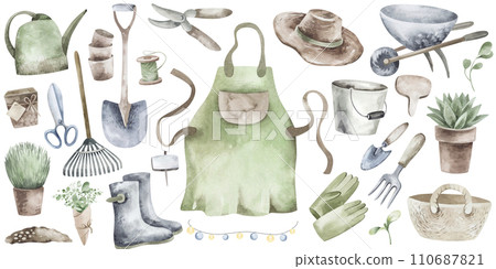 Vintage collection of garden tools illustrated with watercolors. The kit includes a watering can, trowel, gloves, seeds and much more. Ideal for adding a touch of whimsy to your garden projects. 110687821