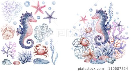 Vibrant watercolor illustration reflects the diversity of underwater life. Majestic seahorses, crabs and colorful starfish dance among delicate coral reefs. The magic of the ocean in any project. Vibrant watercolor illustration reflects the diversity of underwater life. Majestic seahorses, crabs and colorful starfish dance among delicate coral reefs. The magic of the ocean in any project. 110687824