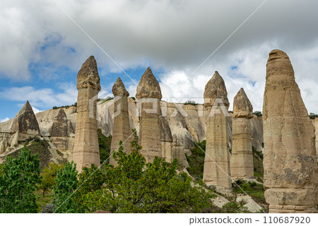 Unique geological formations in Love Valley in Cappadocia. Popular touristic area in Goreme, Nevsehir, Turkey 110687920