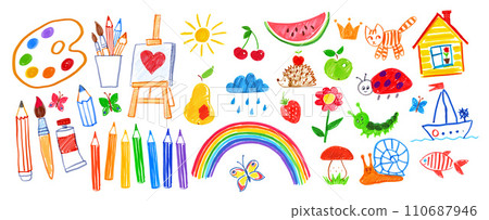 Felt pen vector illustrations of child drawings Felt pen vector illustrations of child drawings 110687946