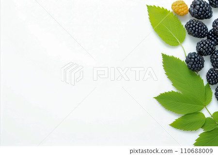 AI-generated content. Botanical border of blackberry berries and leaves on white background AI-generated content. Botanical border of blackberry berries and leaves on white background 110688009