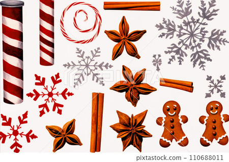 AI-generated content. Christmas cookies and cinnamon on white background 110688011