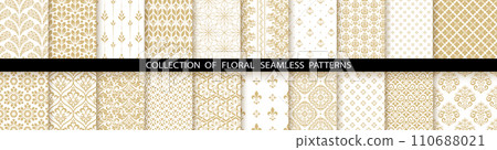 Geometric floral set of seamless patterns. White and gold vector backgrounds. Damask graphic ornaments 110688021