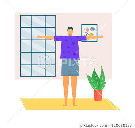 Young man stretching arms wide open indoors. Person doing morning exercises at home. Wellness routine and home workout vector illustration. 110688132