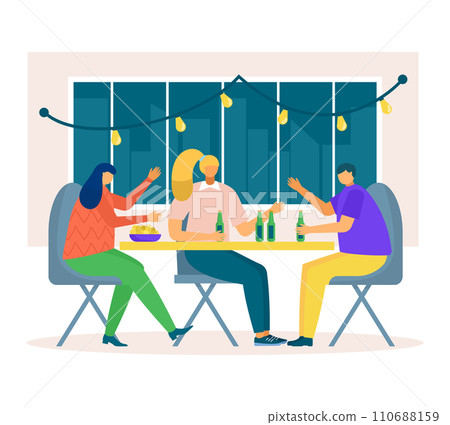Three friends enjoying beers and snacks at a backyard party. Casual gathering, good times with colourful atmosphere. Friendship and leisure time vector illustration. 110688159