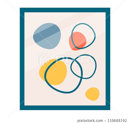 Abstract geometric shapes art with circles and ovals in blue, orange, yellow. Modern minimalist design with overlapping elements. Scandinavian style home decor vector illustration. Abstract geometric shapes art with circles and ovals in blue, orange, yellow. Modern minimalist design with overlapping elements. Scandinavian style home decor vector illustration. 110688192