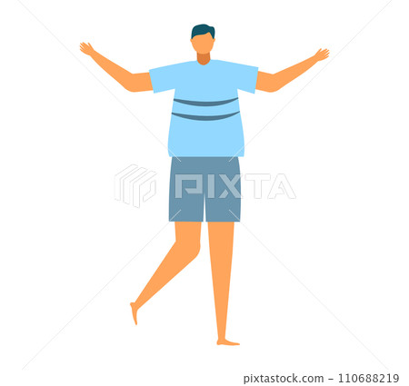 Man in blue t-shirt and shorts standing with arms wide open. Casual male in summer clothes enjoying freedom. Joy and relaxation concept vector illustration. Man in blue t-shirt and shorts standing with arms wide open. Casual male in summer clothes enjoying freedom. Joy and relaxation concept vector illustration. 110688219