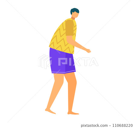 Barefoot cartoon man in yellow shirt and purple shorts walking. Casual male character taking a stroll. Relaxed walk, leisure time vector illustration. Barefoot cartoon man in yellow shirt and purple shorts walking. Casual male character taking a stroll. Relaxed walk, leisure time vector illustration. 110688220