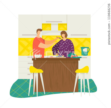 Man feeding woman spaghetti in modern kitchen, couple enjoying cooking together. Homely atmosphere, culinary and relationship concept vector illustration. Man feeding woman spaghetti in modern kitchen, couple enjoying cooking together. Homely atmosphere, culinary and relationship concept vector illustration. 110688236