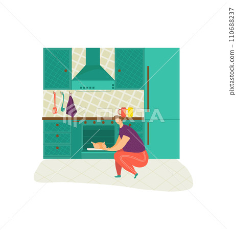 Woman baking food in modern kitchen, sitting with oven mitts and dish. Casual cook preparing homemade meal. Comfortable cooking at home concept vector illustration. Woman baking food in modern kitchen, sitting with oven mitts and dish. Casual cook preparing homemade meal. Comfortable cooking at home concept vector illustration. 110688237