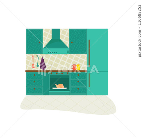 Modern turquoise kitchen interior with oven and utensils. Clean cooking space design. Home and lifestyle vector illustration. 110688252