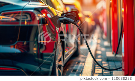 Sustainable transportation concept with multiple electric cars lined up on a charging dock. carbon neutral society. AI image Sustainable transportation concept with multiple electric cars lined up on a charging dock. carbon neutral society. AI image 110688258