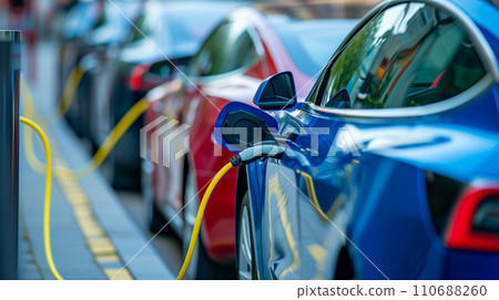 充電站上排列著多輛電動車的永續交通概念。碳中和社會。人工智慧影像 110688260