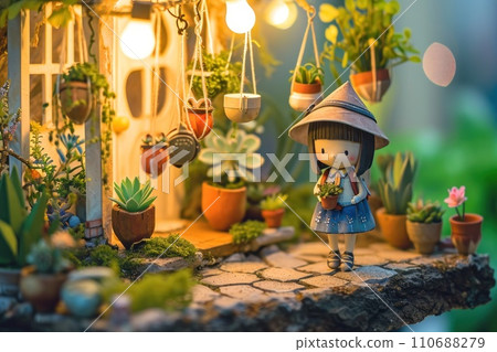 3d cute a little girl plant the pot nature background. 110688279