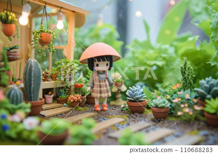 3d cute a little girl plant the pot nature background. 110688283