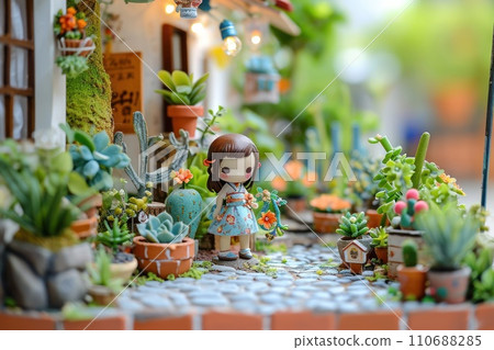 3d cute a little girl plant the pot nature background. 110688285