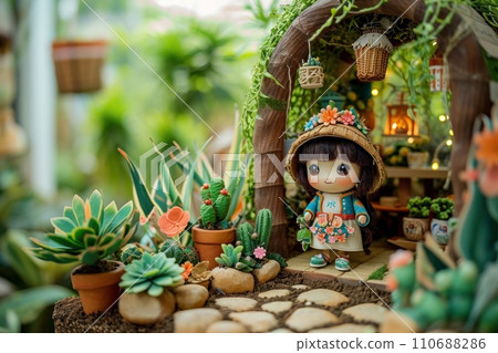 3d cute a little girl plant the pot nature background. 110688286
