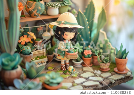 3d cute a little girl plant the pot nature background. 110688288
